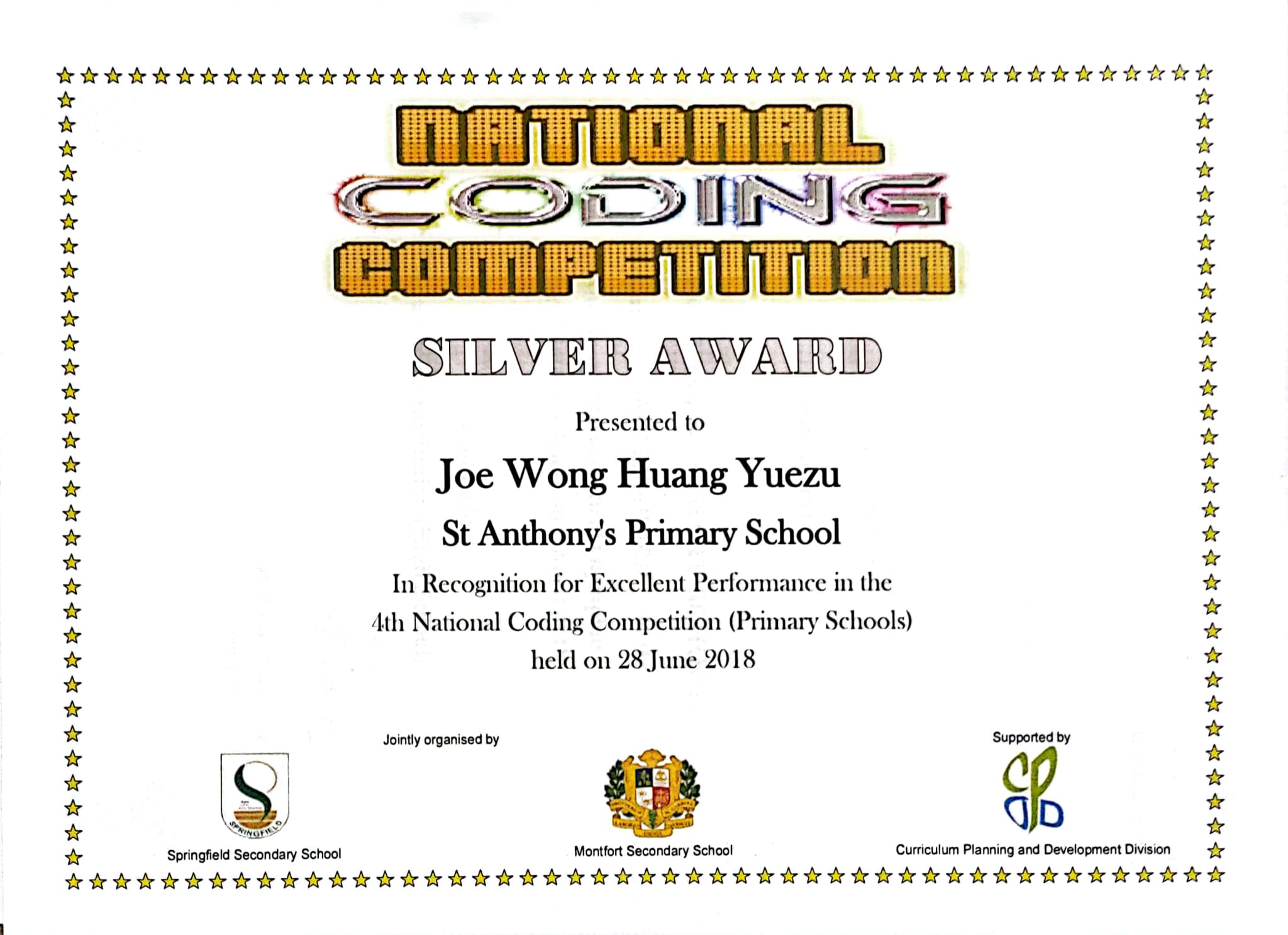 Certification on Achieving Silver for the National Coding Competition